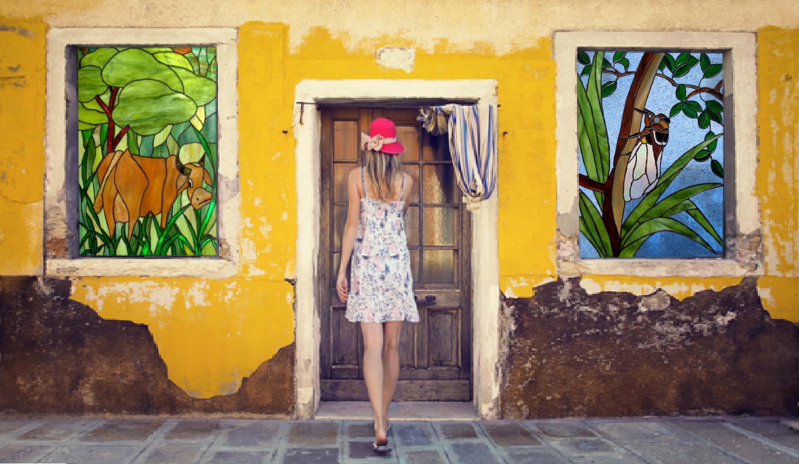 Lady in Greece with Tiffany art windows